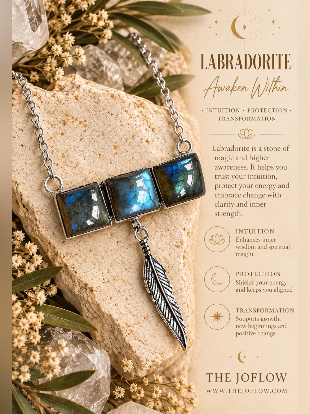 925 Awaken Within Flash Labradorite Feather Pendant Necklace